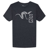 Navy t-shirt with a logo on a white background