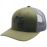 Green and gray cap with a logo on a white background