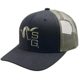 Black and beige trucker hat with a logo on a white background