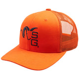 Orange cap with mesh back and black logo on a white background