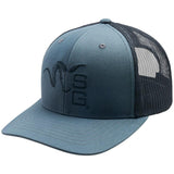 Blue trucker cap with black mesh back on a white background