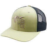 Green and black mesh cap with logo on a white background