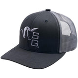 Black and gray trucker cap with logo on a white background
