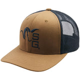 Brown and black trucker hat with a logo on a white background