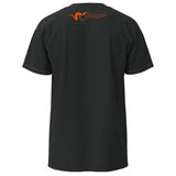 Black t-shirt with orange logo on the back against a white background