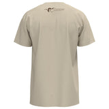 Beige t-shirt with a logo on the back against a white background