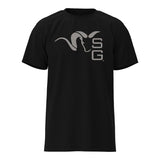 Black t-shirt with a logo on a white background