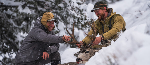 Hunters with mule deer buck