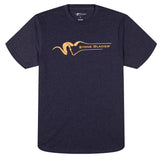 Navy t-shirt with yellow logo on a white background