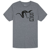 Gray t-shirt with black logo on a white background