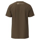 Brown t-shirt with a logo on the back against a white background