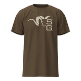 Brown t-shirt with a logo on a white background