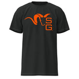 Front t-shirt with orange logo on a white background