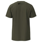 Green t-shirt with a logo on the back against a white background