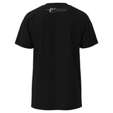 Black t-shirt with a logo on the back against a white background