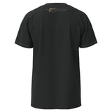 Black t-shirt with a logo on the back against a white background