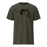 Green t-shirt with black logo on a white background