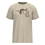 Beige t-shirt with a logo on a white background