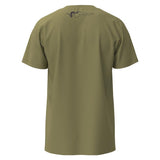 Green t-shirt with a logo on the back against a white background